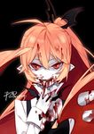  artist_name black_dress blood blood_on_face bloody_clothes demon_girl demon_wings dress finger_to_mouth haiiro_teien licking_lips long_hair looking_at_viewer monster_girl pink_hair ponytail psd puffy_sleeves rawberry slit_pupils solo tongue tongue_out wings 