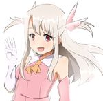  :d detached_sleeves elel185 fate/kaleid_liner_prisma_illya fate_(series) gloves illyasviel_von_einzbern long_hair magical_girl middle_w open_mouth prisma_illya red_eyes silver_hair simple_background smile solo w white_background white_gloves 
