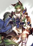  animal_ears armor armored_dress boots c.c. code_geass cosplay creayus erune granblue_fantasy green_hair heles heles_(cosplay) kemonomimi_mode long_hair solo thigh_boots thighhighs yellow_eyes 
