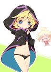  2girls black_panties blonde_hair blue_eyes blush carol_malus_dienheim cloak elfnein halo hat hood hooded_cloak lowleg lowleg_panties md5_mismatch midriff mole mole_under_eye multiple_girls navel open_mouth panties reku senki_zesshou_symphogear short_hair simple_background spoilers underwear white_background 