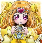  blowing bow brooch circlet cokata cure_muse_(yellow) frills hair_bow heart jewelry long_hair magical_girl orange_hair pink_eyes precure shirabe_ako smile solo suite_precure treble_clef twitter_username upper_body yellow_background yellow_bow 