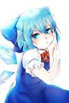  blue_eyes blue_hair bow bowtie cirno hair_bow hand_on_own_face hayase_kento ice ice_wings pout short_sleeves solo touhou white_background wings 