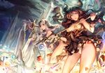  bare_shoulders black_hair breasts caesty cleavage commentary_request crystal dress fantasy gem horns lips long_hair looking_at_viewer medium_breasts multiple_girls nose original pinky_out polearm short_hair silver_hair spear staff strapless strapless_dress thighs weapon 