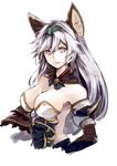  animal_ears atoshi bare_shoulders breasts cat_ears cleavage erune granblue_fantasy headband heles large_breasts long_hair orange_eyes silver_hair simple_background solo upper_body white_background 