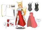  animal_ears belt blonde_hair blush breasts bridal_gauntlets character_sheet covered_nipples fox_ears fox_tail full_body green_eyes hakama hand_on_hip highres himeka_chiyako holster japanese_clothes large_breasts large_ears leotard long_hair looking_at_viewer miko minaha_(playjoe2005) multiple_views ofuda original red_hakama ribbon-trimmed_legwear ribbon_trim sandals sideboob simple_background smile tail thigh_holster thigh_strap thighhighs tsurime white_background white_legwear 