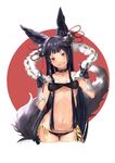  \m/ absurdres animal_ears ass_visible_through_thighs bell black_gloves black_hair breasts cleavage collarbone erune fox_ears gloves granblue_fantasy grin hair_bell hair_ornament highres kumonji_aruto long_hair looking_at_viewer navel red_eyes simple_background small_breasts smile solo teeth twitter_username white_background yuel_(granblue_fantasy) 