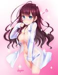  blue_eyes breasts cleavage collarbone doyouwantto earrings highres ichinose_shiki idolmaster idolmaster_cinderella_girls jewelry labcoat large_breasts long_hair long_sleeves looking_at_viewer naked_labcoat naked_shirt open_clothes open_shirt purple_hair see-through shirt solo very_long_hair 