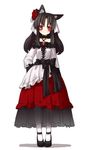  adapted_costume alternate_costume animal_ears bare_shoulders black_hair blouse blush bodice choker dress frills full_body gothic_lolita hair_ornament highres imaizumi_kagerou layered_skirt lolita_fashion long_hair long_sleeves looking_at_viewer mary_janes off_shoulder petticoat red_eyes red_skirt ribbon sash see-through sh_(562835932) shoes simple_background skirt solo touhou veil white_background white_blouse white_legwear wolf_ears 