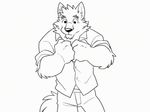  abs animated biceps big_hands big_muscles body_hair canine chest_tuft claws clothed clothing cute ear_tuft eyes_closed fluffy fur half-dressed hand_in_shoulder male mammal monochrome muscular neck_tuft pants pecs removing_shirt shirt sigh simple_background smile solo takemoto_arashi topless tuft white_background wolf 