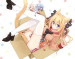  4girls animal_ears blonde_hair blue_eyes blush box breasts cardboard_box cat cat_ears chibi in_box in_container looking_at_viewer mao_(alepricos) multiple_girls original panties solo_focus tail thighhighs underwear white_legwear 