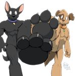  2018 3_toes 4_fingers anthro black_fur brown_fur canine claws collar dog duo fido_(housepets!) first_person_view foot_focus fur housepets! male mammal mungo_(housepets!) muscular nude on_one_leg pawpads rick_griffin simple_background smile standing toe_claws toes white_background 