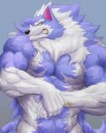 abs angry anthro biceps big_muscles black_nose blue_fur canine captainjohkid claws clenched_teeth darkstalkers digital_media_(artwork) flakjacket0204 flexing fluffy fur jon_talbain male mammal muscular nude pecs pose simple_background teeth video_games were werewolf white_fur wolf yellow_eyes 