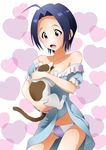  :d ahoge between_breasts blue_hair bow bow_panties breasts calico cat cleavage dress dress_lift head_between_breasts heart idolmaster idolmaster_(classic) medium_breasts miura_azusa off_shoulder open_mouth panties red_eyes short_hair smile solo sunsun69 underwear 