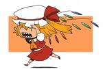  ascot blonde_hair fangs flandre_scarlet hat onikobe_rin open_mouth ribbon sharp_teeth short_hair side_ponytail solo teeth touhou wings 