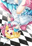  alice_(wonderland) alice_(wonderland)_(cosplay) alice_in_wonderland animal_ears apron aya-on_(miria00) blonde_hair bunny_ears cape checkered checkered_floor cosplay dress fake_animal_ears highres open_mouth red_eyes rumia short_hair smile solo touhou waist_apron 