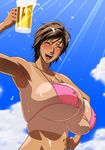  1girl alcohol amaha_masane areola_slip areolae beer beer_mug bikini breasts brown_hair erect_nipples eyes_closed huge_breasts micro_bikini milf short_hair smile solo swimsuit tan tanline tatsunami_youtoku witchblade 