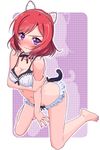  animal_ears barefoot blush bra breasts cat_ears cat_tail cleavage embarrassed fake_animal_ears frilled_panties frills holding_arm k10k kneeling looking_at_viewer love_live! love_live!_school_idol_project navel nishikino_maki outside_border panties purple_eyes red_hair short_hair solo tail underwear underwear_only wavy_mouth 