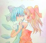  arm_around_neck blouse blue_eyes blue_hair bow brown_hair cirno closed_eyes detached_sleeves hair_bow hair_tubes hakurei_reimu highres hug ice ice_wings long_hair looking_at_another multiple_girls open_mouth pink_background puffy_short_sleeves puffy_sleeves short_hair short_sleeves touhou traditional_media upper_body watercolor_(medium) white_blouse wings yuri yuyu_(00365676) 