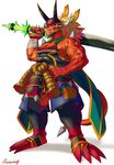  &lt;3 anthro balls blonde_hair buddyfight dragon drum_(buddyfight) fangs grin hair helmet horn looking_at_viewer male melee_weapon muscular nipples pecs penis pose red_eyes revealing_armor rossciaco scalie simple_background solo spikes sword weapon white_background 