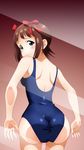  against_glass amami_haruka ass blush brown_hair frown glass green_eyes hair_ribbon idolmaster idolmaster_(classic) looking_at_viewer looking_back one-piece_swimsuit ribbon short_hair solo sunsun69 swimsuit 