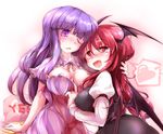  blush breasts demon_girl demon_wings dress fangs fumitsuki_(minaduki_6) head_wings heart heart-shaped_pupils koakuma large_breasts long_hair multiple_girls naughty_face one_eye_closed open_mouth patchouli_knowledge purple_dress purple_eyes purple_hair red_eyes red_hair smile spoken_heart striped striped_dress symbol-shaped_pupils touhou very_long_hair wings yes yes-no_pillow yuri 