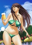  1girl alcohol beer bikini breasts brown_hair cleavage curvy female hips huge_breasts large_breasts long_hair navel solo swimsuit tatsunami_youtoku wide_hips 