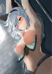  animal_ears arms_up blush breasts cat_ears erune granblue_fantasy heles large_breasts long_hair nipples red_eyes silver_hair solo sweat yu_tin 