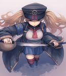  ascot bee_(deadflow) blonde_hair blue_skirt blush breasts bridal_gauntlets coat granblue_fantasy hat holding holding_sword holding_weapon long_hair looking_at_viewer medium_breasts monica_weisswind pleated_skirt purple_eyes sheath sheathed sketch skirt solo sword twintails weapon 