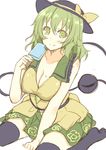  alternate_breast_size bad_id bad_pixiv_id bare_arms black_legwear bow breasts cleavage collarbone floral_print food gari_gari-kun green_eyes green_hair hat hat_bow komeiji_koishi kusano_(torisukerabasu) large_breasts licking_lips looking_at_viewer popsicle ringed_eyes shirt sitting skirt sleeveless sleeveless_shirt smile solo thighhighs third_eye tongue tongue_out touhou wariza zettai_ryouiki 