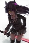  alternate_hair_length alternate_hairstyle black_legwear blush breasts eyepatch headgear jpeg_artifacts kantai_collection long_hair medium_breasts necktie purple_hair sato_(samanosuke_0710) school_uniform solo sword tenryuu_(kantai_collection) thighhighs weapon yellow_eyes 