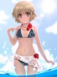  bare_shoulders bikini black_bikini breasts brown_hair cloud day flower hair_ornament hair_tie hibiscus hidamari_sketch highres jewelry looking_at_viewer medium_breasts navel necklace sarong short_hair siraha sky smile solo swimsuit underboob wading water x_hair_ornament yuno 