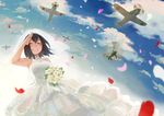  a7m_reppuu aircraft airplane akitsu_maru_(kantai_collection) autogyro black_hair blue_sky bouquet breasts chanosuke cloud day dress flower grin kantai_collection kayaba_ka-1 medium_breasts petals red_flower red_rose rose salute short_hair sky smile solo wedding_dress white_flower white_rose 
