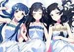  black_hair blue_hair brown_eyes closed_eyes dress girl_sandwich holding_hands idolmaster idolmaster_million_live! kitakami_reika kitazawa_shiho long_hair mogami_shizuka multiple_girls sandwiched sundress twintails yomosaka 