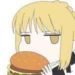  amino_(tn7135) artoria_pendragon_(all) bad_id bad_pixiv_id blonde_hair chibi dress eating fate/grand_order fate/stay_night fate_(series) food gothic_lolita hair_ribbon hamburger lolita_fashion ribbon saber_alter solo white_background yellow_eyes 