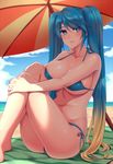  bikini breasts gradient_hair large_breasts league_of_legends long_hair midriff multicolored_hair navel side-tie_bikini sitting smile solo sona_buvelle spichis swimsuit twintails 