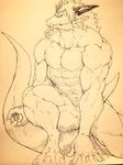  abs captainjohkid dragon flakjacket0204 male monochrome muscular nude pecs scalie simple_background solo 