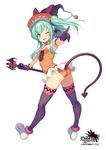  2015 ;d arm_strap ass black_gloves black_legwear blush demon_tail fang flat_ass floating_hair full_body gloves grand_harem green_eyes green_hair hat index_finger_raised logo long_hair official_art one_eye_closed open_mouth orange_panties panties pointing pokachu sidelocks simple_background sleeveless smile solo staff tail thighhighs twintails twisted_torso underwear wand white_background witch_hat 