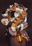  bags_under_eyes black_hair commentary highres indivisible lantern razmi_(indivisible) smile solo splashbrush tiger_pelt 