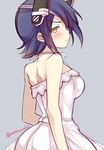  bad_id bad_twitter_id blush breasts dress grey_background headgear kantai_collection looking_at_viewer machinicalis medium_breasts purple_hair short_hair simple_background solo tenryuu_(kantai_collection) yellow_eyes 