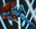  black_eyes blue_skin female fish hair marine monster patch pole_dance red_hair teeth uitinla undertale undyne video_games weapon 