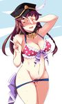  bad_id bad_pixiv_id bikini blush breasts brown_hair cleavage closed_eyes granblue_fantasy hat highres imacchi large_breasts lecia_(granblue_fantasy) long_hair open_mouth pubic_hair solo swimsuit wet 