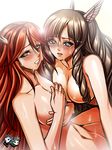  2girls blush breasts brown_eyes brown_hair female fire_emblem fire_emblem:_kakusei hair_decoration hair_ornament jadenkaiba long_hair multiple_girls nintendo nude open_mouth red_eyes red_hair sumia tiamo yuri 