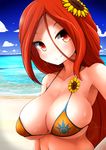  beach bikini_top breasts day flower hair_flower hair_ornament large_breasts league_of_legends leona_(league_of_legends) long_hair niroku ocean pool_party_leona red_eyes red_hair smile solo sunflower sunflower_hair_ornament swimsuit 