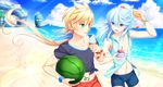  33paradox bare_shoulders beach blonde_hair blue_hair blush bracelet cloud cloudy_sky day food fruit green_eyes hair_ribbon highres ice_cream jewelry long_hair male_focus midriff mikleo_(tales) multiple_boys navel open_mouth outdoors ponytail purple_eyes ribbon short_sleeves shorts sky smile sorey_(tales) tales_of_(series) tales_of_zestiria very_long_hair watermelon 