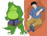  2015 anthro belly big_belly black_hair canson chinese clothed clothing demon dragon green_scales hair half-dressed horn human jackie_chan jackie_chan_adventures magic_user male mammal no_pupils pose satisfied scales scalie shendu simple_background tagme topless vore yellow_scales 