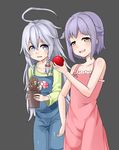  :3 ahoge apple blue_eyes blush braid brown_eyes dress flower_pot food fruit grey_background highres hoshi_shouko idolmaster idolmaster_cinderella_girls koshimizu_sachiko long_hair multiple_girls mushroom open_mouth overalls pink_dress plant rangen sharp_teeth shirt short_hair silver_hair simple_background sleeveless sleeveless_dress smile smirk sundress teeth very_long_hair 