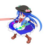  &gt;:) apron bad_anatomy black_hat blue_dress blue_hair bow bowtie brown_footwear cato_(monocatienus) dress flaming_sword food fruit hat hinanawi_tenshi holding long_hair peach puffy_short_sleeves puffy_sleeves rainbow_order red_bow red_eyes shirt shoes short_sleeves simple_background smile solo sword sword_of_hisou touhou v-shaped_eyebrows very_long_hair weapon white_background white_shirt younger 