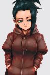  1girl bangs black_hair brown_sweater dragon_ball dragon_ball_super earrings expressionless grey_background grey_eyes hands_in_pockets hood hood_down hooded_jacket jacket jewelry kale_(dragon_ball) long_sleeves simple_background solo st62svnexilf2p9 sweater tied_hair upper_body 