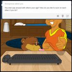  ? anthro bed bedroom blue_eyes brown_fur bunk_bed child clothed clothing comic computer confusion cub dialogue english_text fur gloves inside joeyboy kangaroo keyboard looking_at_viewer male mammal marsupial solo text tumblr unsure webcam what young 