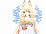  animal_ears blonde_hair blue_eyes fan folding_fan fox_ears houden_eizou japanese_clothes long_hair miko solo tenko_kuugen wagaya_no_oinari-sama 